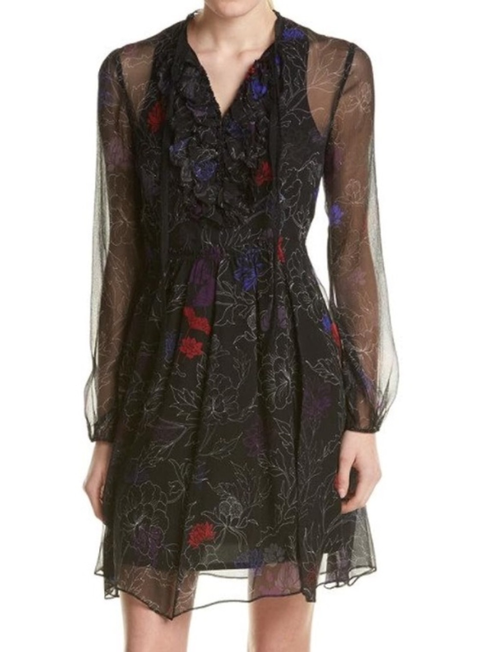 Elie Tahari Women’s Silk Sheer Black Floral Ruffle Long Sleeve Mini Desi Dress 4